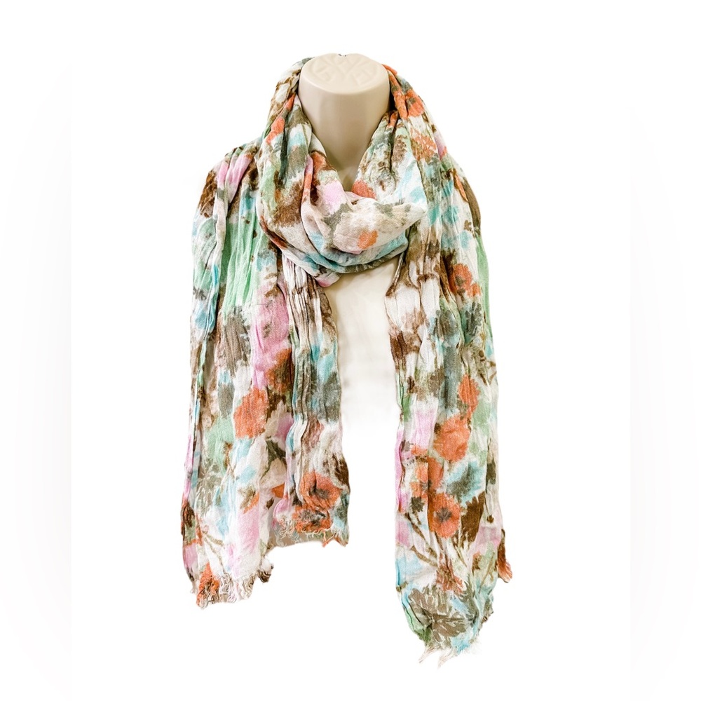 Abstract Floral Raw Hem Edge Lightweight Scarf Accessory Spring Pastel Neutrals